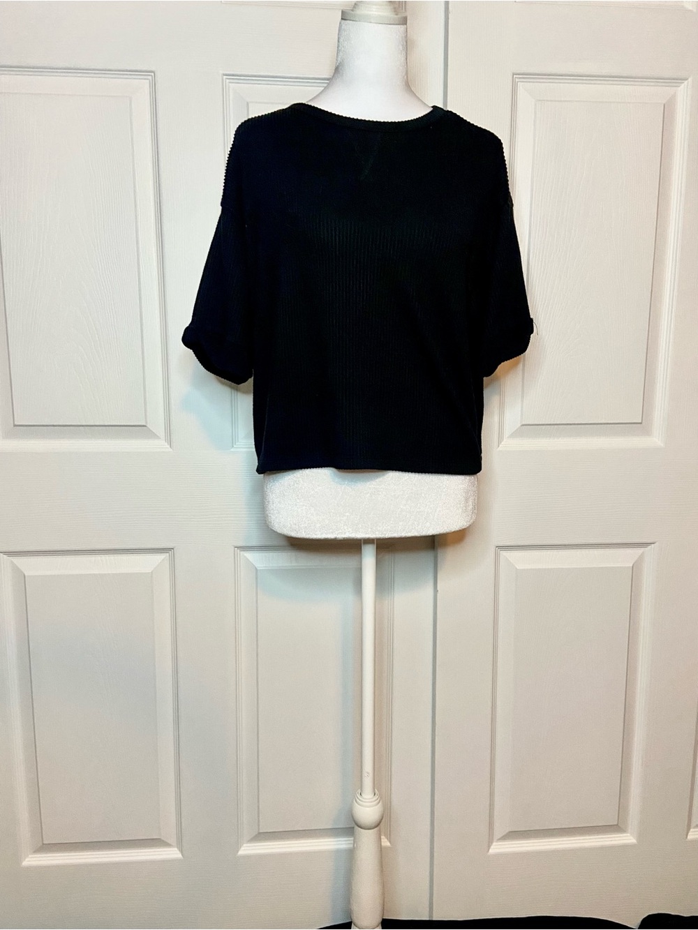 Blue Rain Black Ribbed Short Sleeve Top